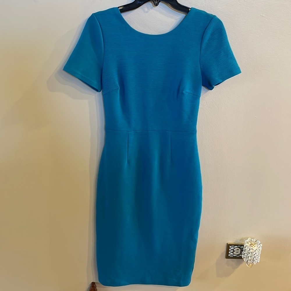 BODEN textured ribbed solid teal bodycon fit dress short sleeve low round back 4